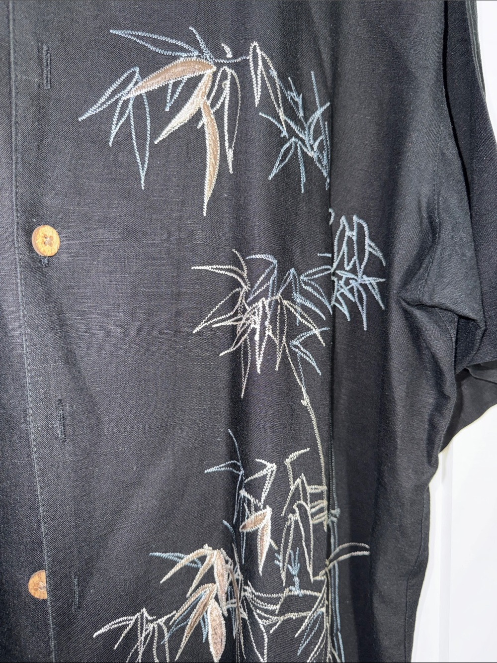 Summa Black Bamboo-Print linen blended Short-Sleeve Men's Shirt Sz XLT - Picture 3 of 5